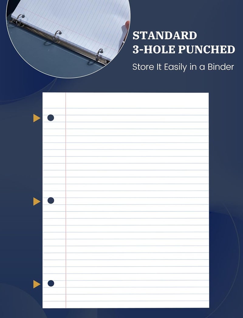 Aidunmis Loose Leaf Paper, 100 Sheets Notebook Paper, Binder Lined Paper Wide Ruled, 8.5'' x 11'' Loose Leaf, 3-Hole Punched Filler Writing Paper, 3-Ring Binder Note Papers, White - Image 3